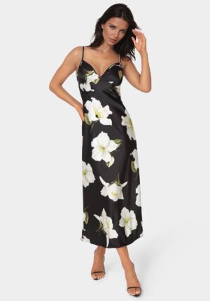bebe2290_black-ivory_1_f18c9731-d759-4110-8d06-c14f1dbb5930 Printed Satin V-Neck Maxi Dress